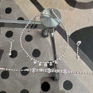 Silver Tone Brilliant Shine  Crystal Necklace Earrings and Bracelet Set